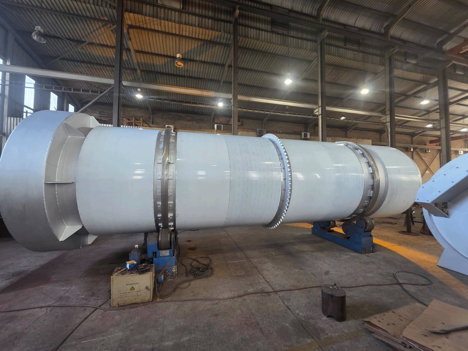 Completed rotary kiln shell on welding rotators