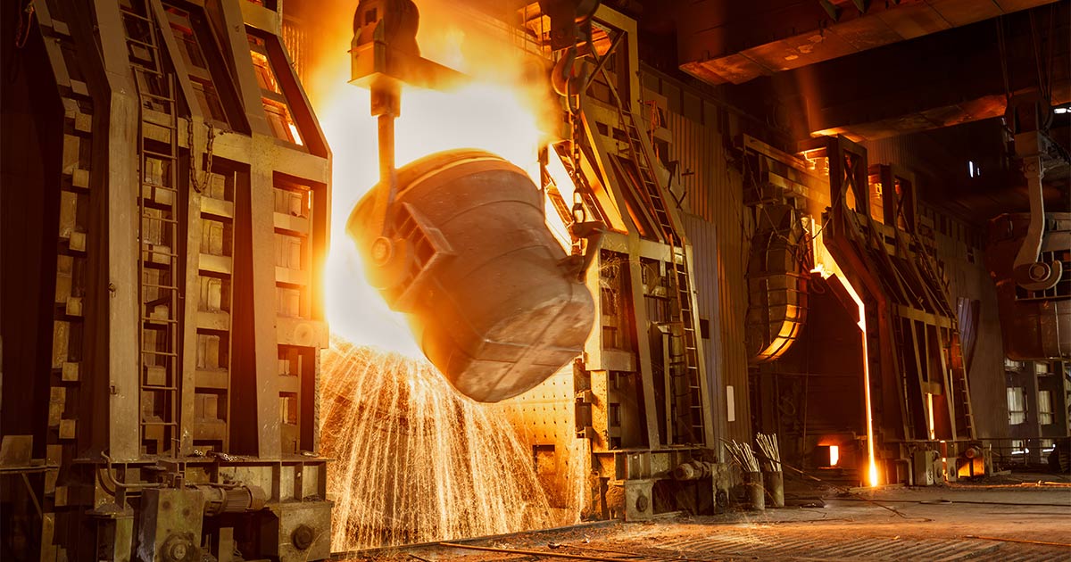 Molten steel being poured at a steel mill
