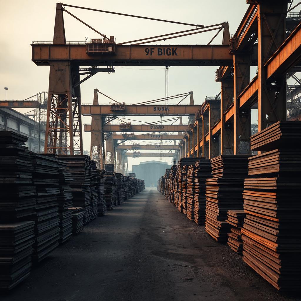 Stacked steel plates in a South African stockyard under overhead cranes